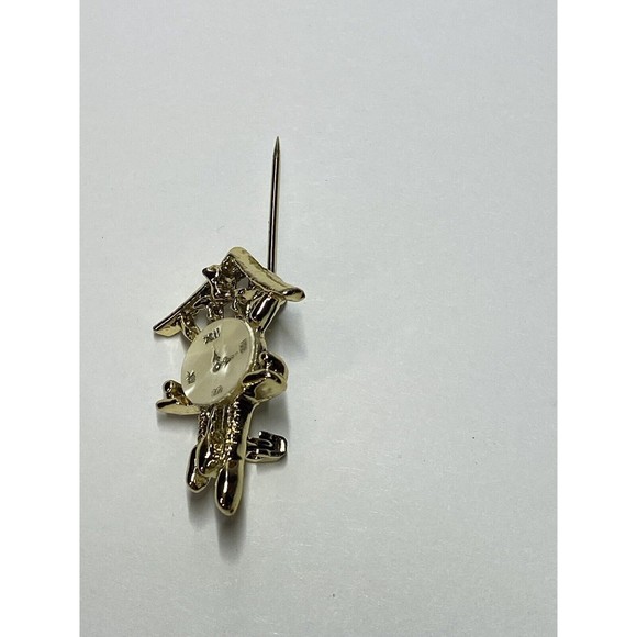 Vintage Gold Tone Cuckoo Clock Pearlized Face Teeny Brooch Pin - Picture 9 of 12